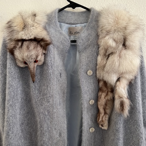 Rare Vintage Sia Bellini Gray Angora Button Up Sweater w/Full Silver Fox Sz L - Picture 2 of 12